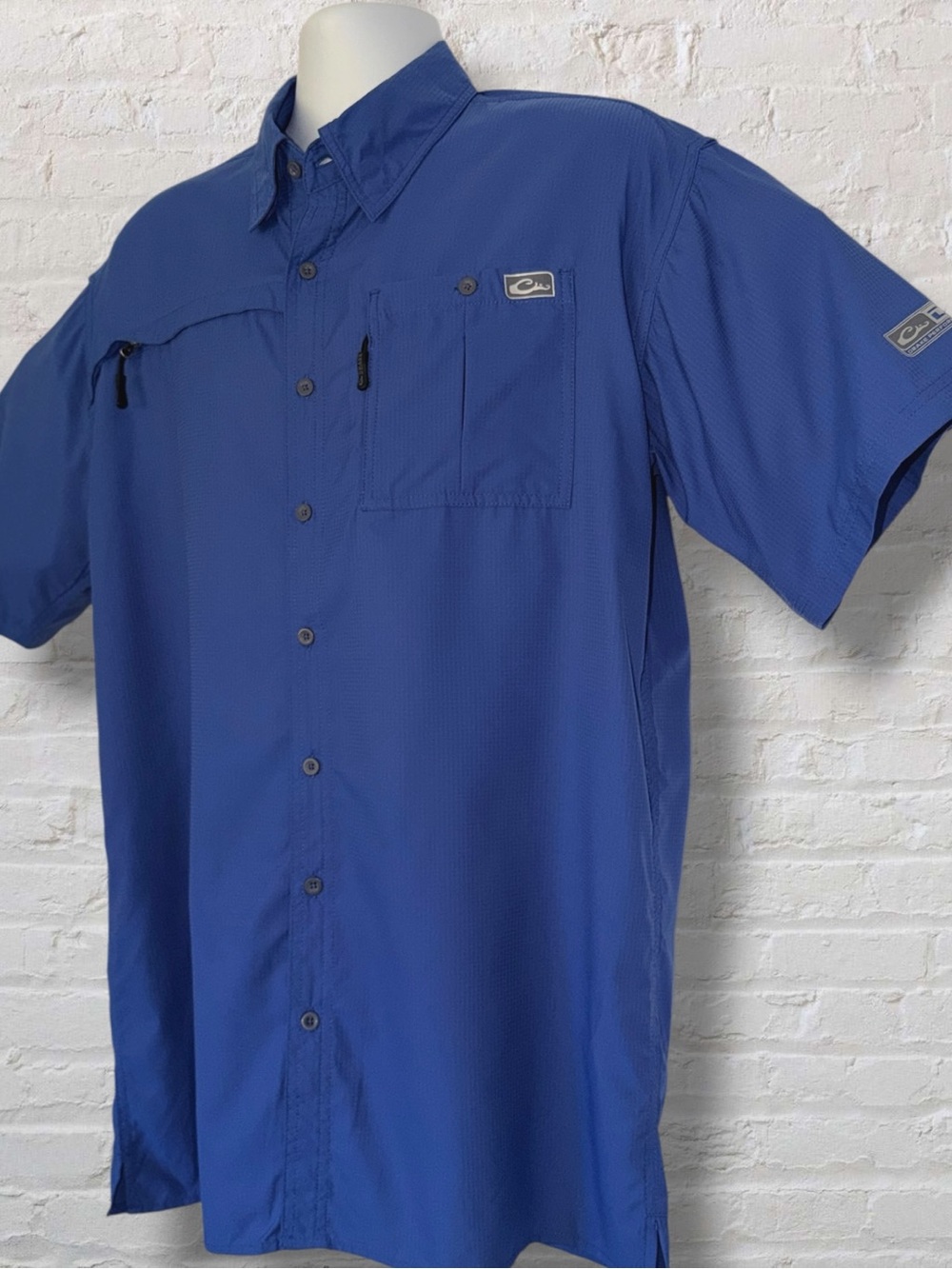 Drake Performance Fishing DPF Shirt Mens Med Blue Vented Short Sleeve Button Up - Picture 3 of 16